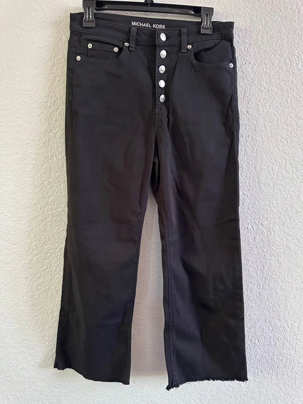 Michael Kors Black Button Fly Jeans Cropped Raw‎ Hem Straight Leg Women's Size 8